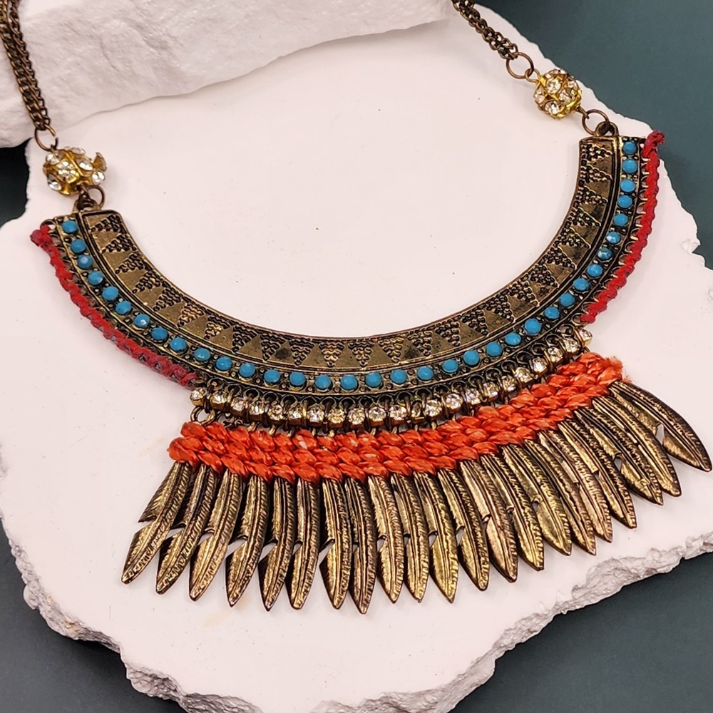 Turquoise Tone Color Rhinestone Bib Necklace Bronze Tone Fringe Southwestern